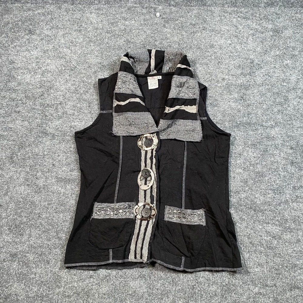 Parsley & Sage Womens M Black Silver Art to Wear Mixed Media Button Front Vest